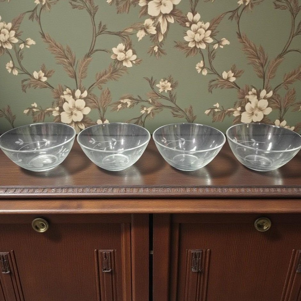 Princess House Heritage Cereal Bowls, Set of 4, Vintage Floral Etched Glass